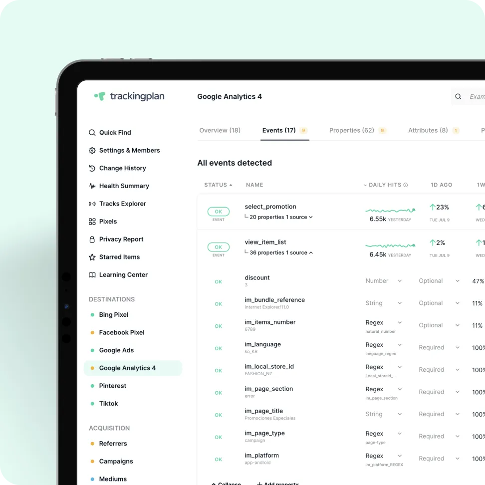 User interface of Trackingplan showing Google Analytics 4 events with status, names, daily