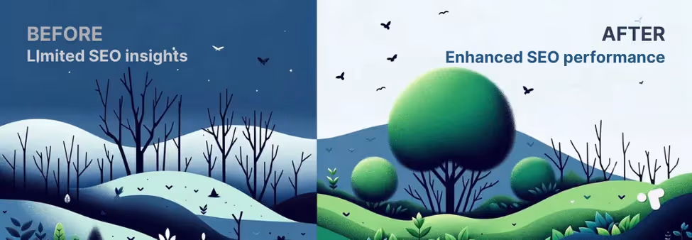 Comparative image showing SEO progress with a barren winter landscape labeled 'Before' and a flourishing spring scene labeled 'After' to represent enhanced SEO performance.
