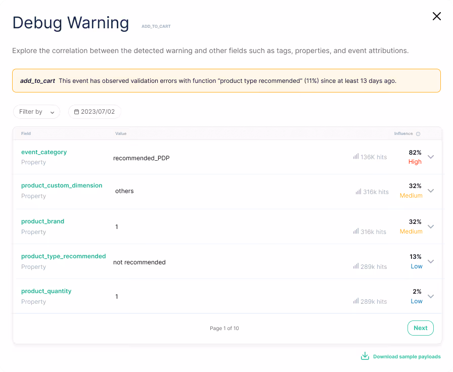 View of Trackingplan's Debug Warning