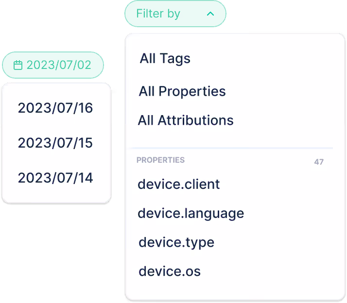Example showing how you can filter directly among your tags, properties, attributions, and the dates on which your warnings were spotted in order to see the correlation between these values and the warning.