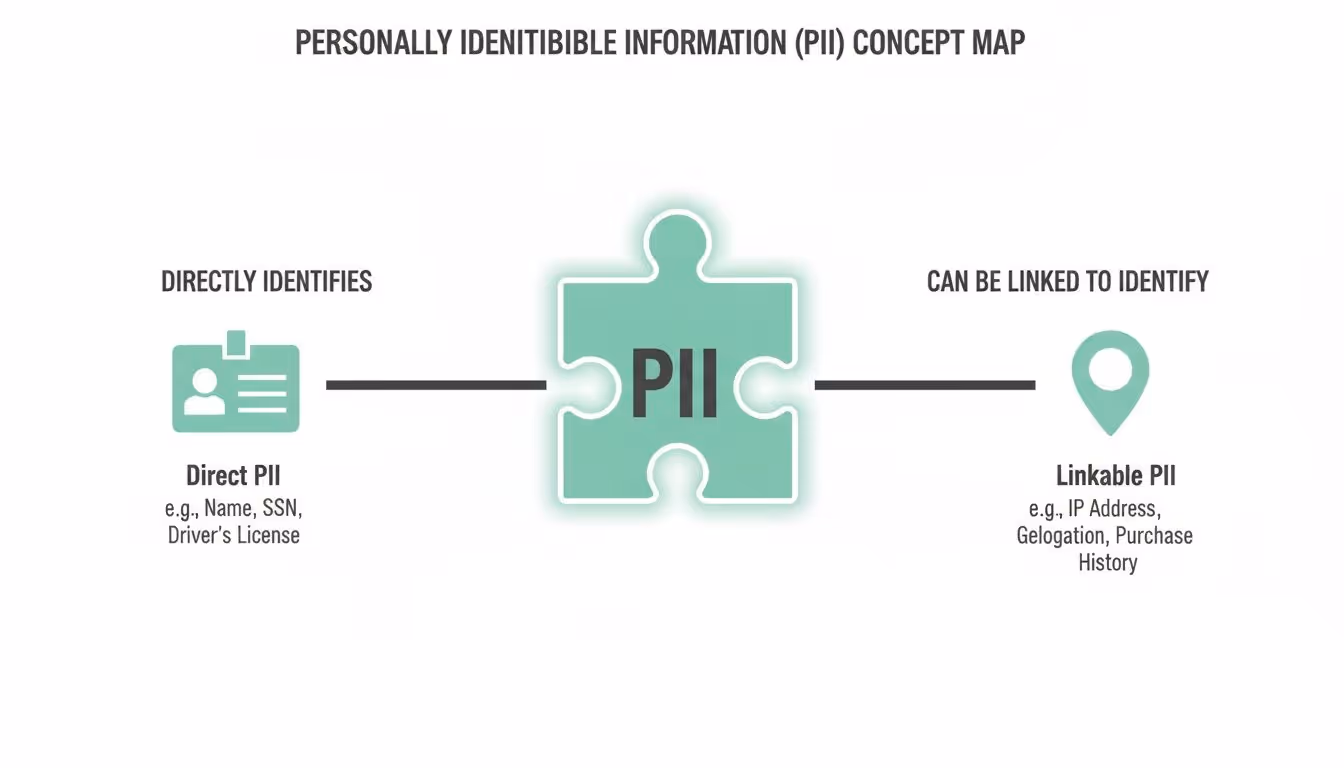 A concept map showing PII categorized into direct and linkable types with examples.
