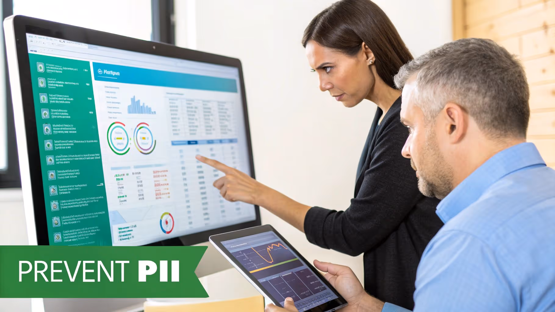 Two business professionals analyzing data on a computer screen and a tablet, with a focus on PII prevention.