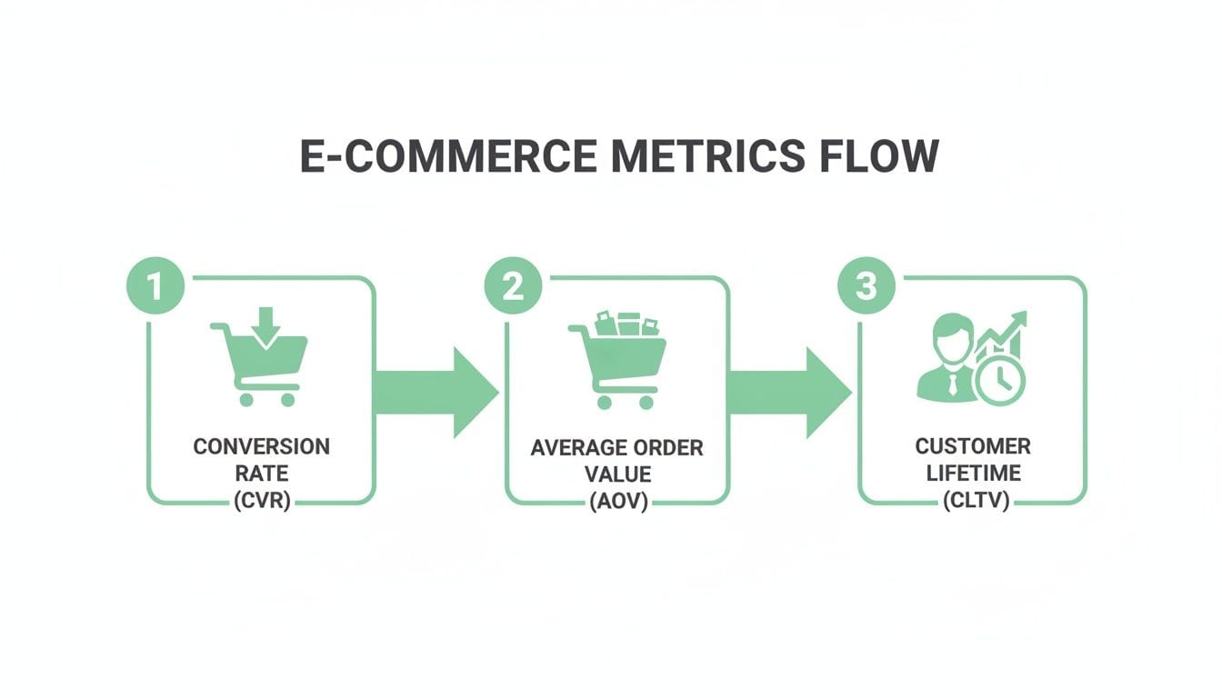 E-commerce metrics flow diagram showing Conversion Rate, Average Order Value, and Customer Lifetime.