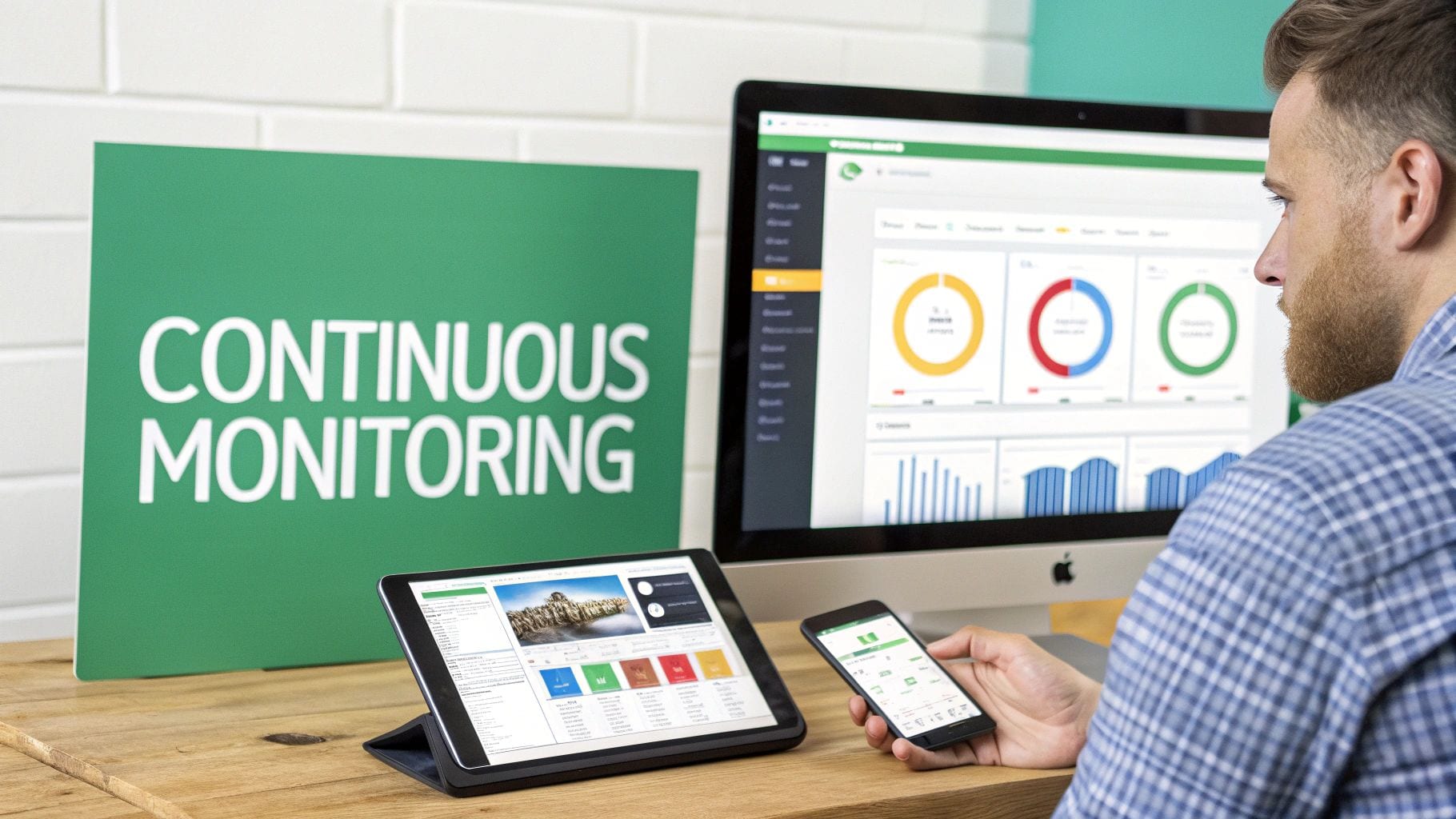 A man reviews website data on a computer, tablet, and smartphone for continuous monitoring and quality assurance.