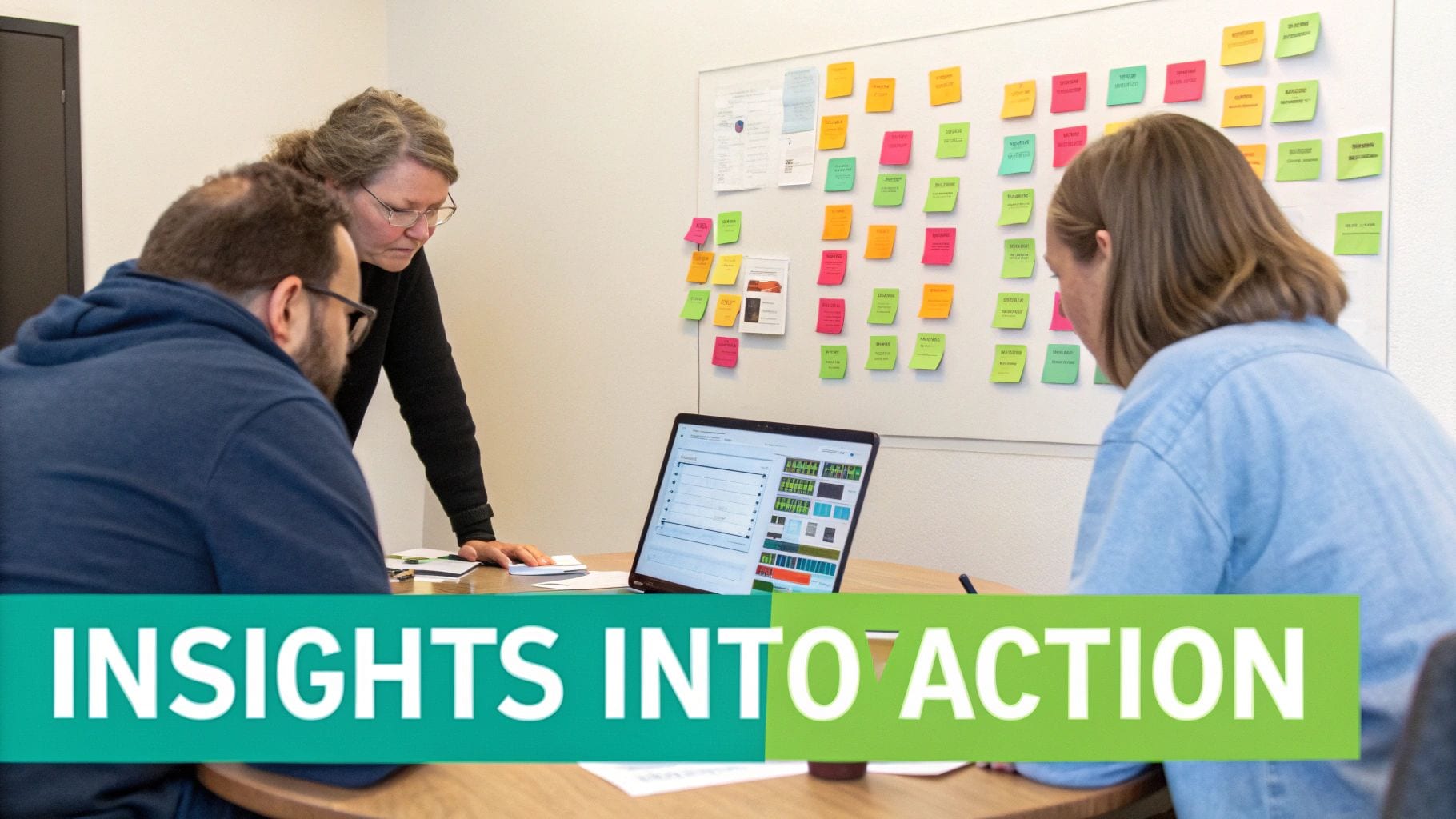 Three colleagues analyze data on a laptop and whiteboard with colorful sticky notes, fostering insights into action.