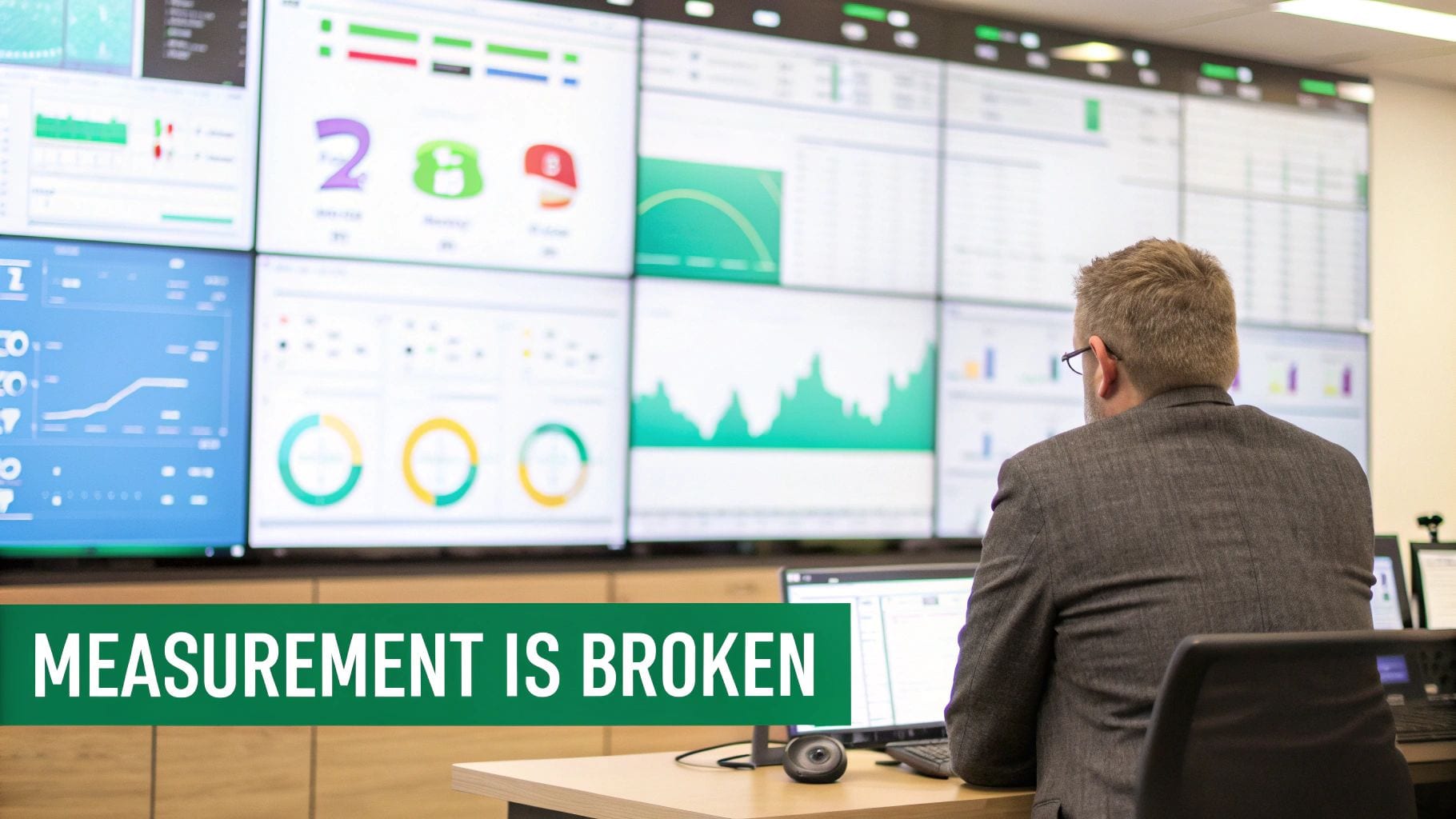 Man analyzes data on a large multi-screen dashboard, with a green banner 'MEASUREMENT IS BROKEN'.