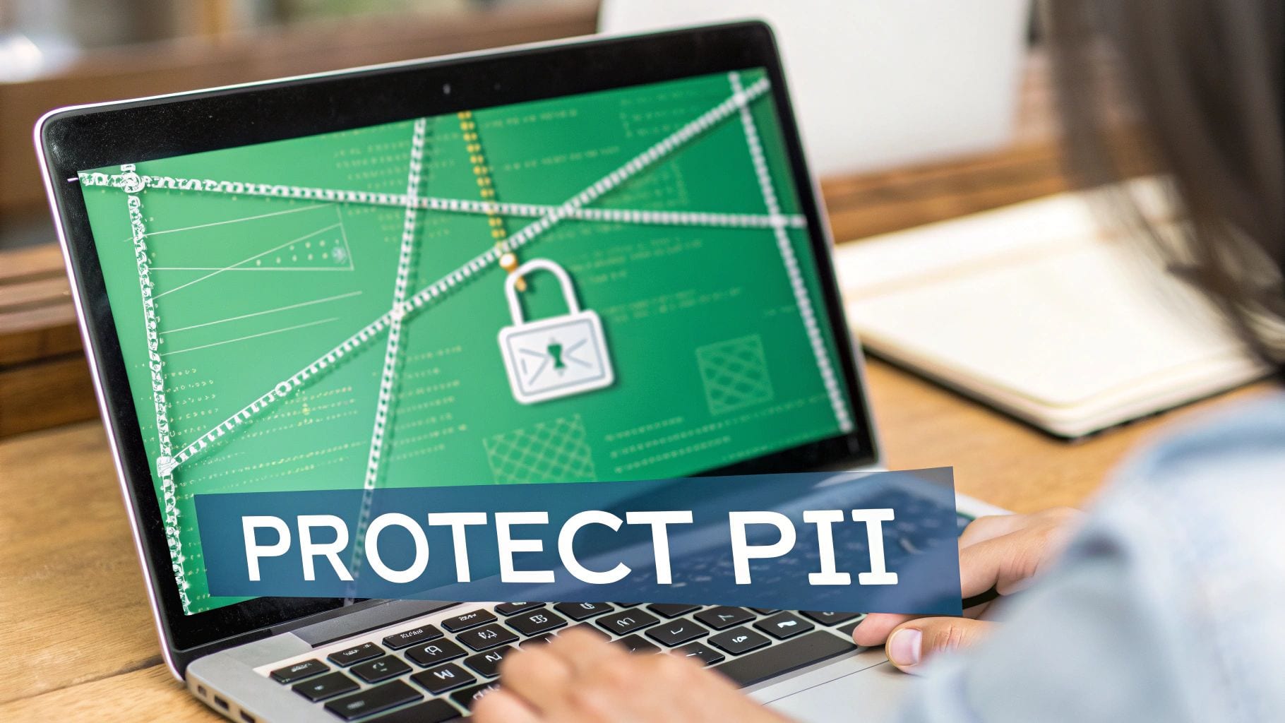 A person uses a laptop displaying a padlock and 'PROTECT PII' text, symbolizing data protection.