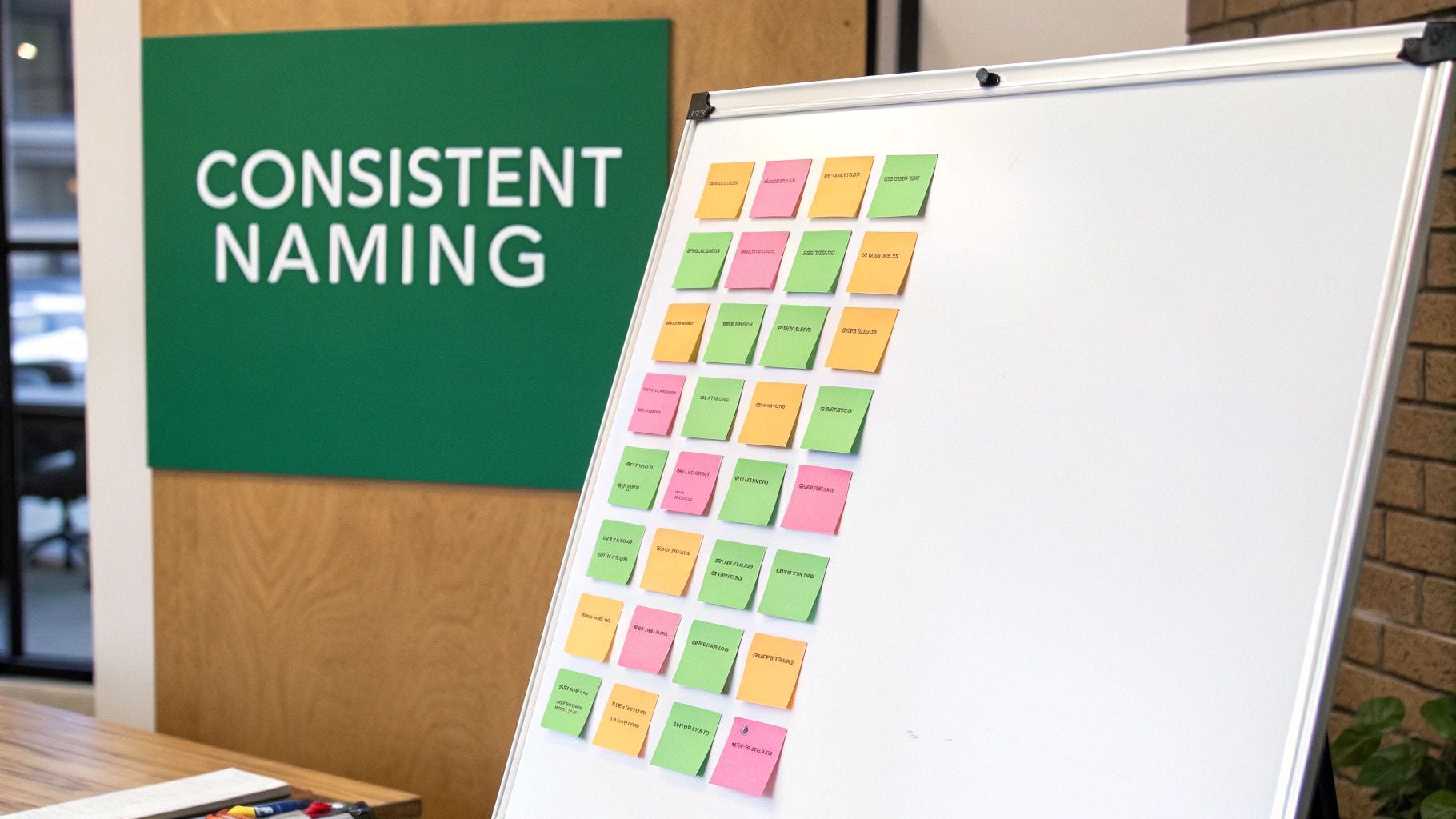 A whiteboard covered in colorful sticky notes next to a green sign reading 'CONSISTENT NAMING'.