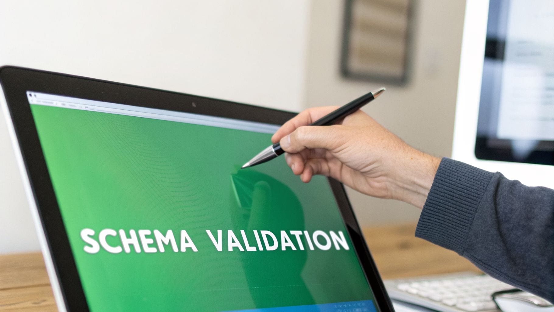 A hand uses a stylus to interact with a laptop screen displaying 'SCHEMA VALIDATION' on a green background.