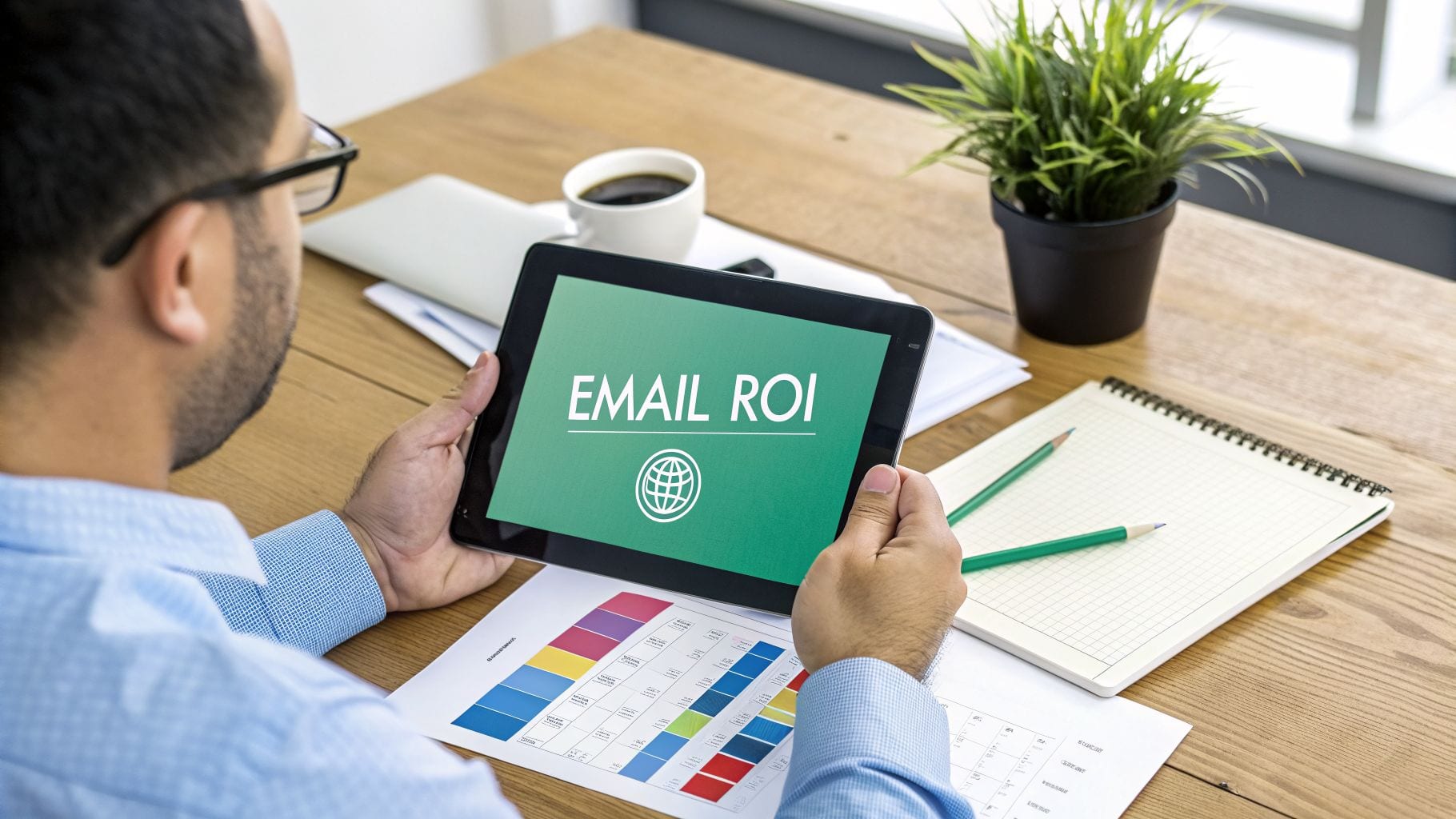 A person holds a tablet displaying "EMAIL ROI" and a globe icon on a wooden desk with business charts.