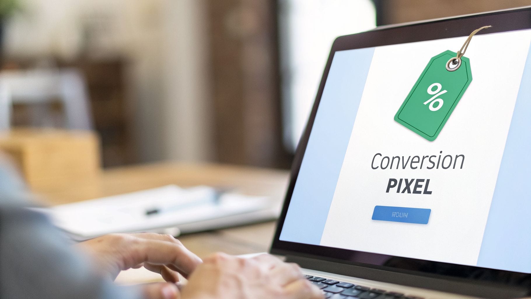 Person typing on a laptop displaying 'Conversion PIXEL' and a discount tag, symbolizing digital marketing.