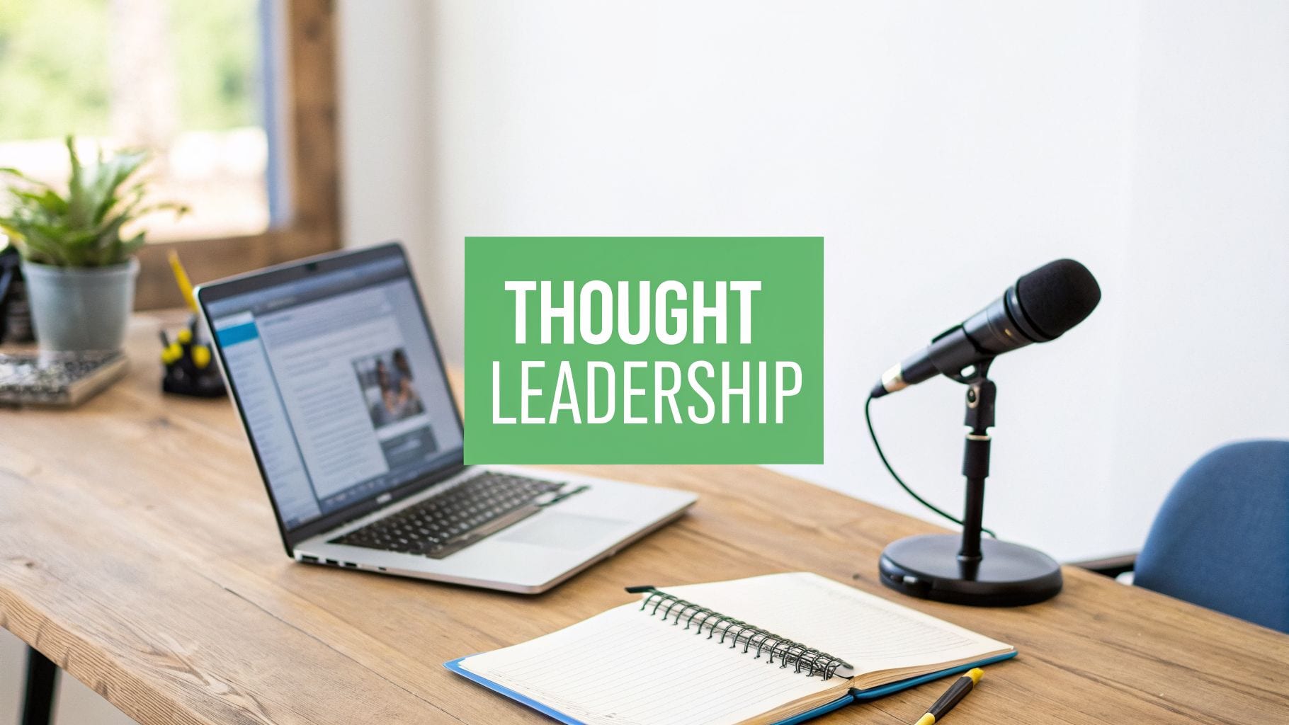 A desk setup with a laptop, microphone, notebook, and a 'THOUGHT LEADERSHIP' text overlay.