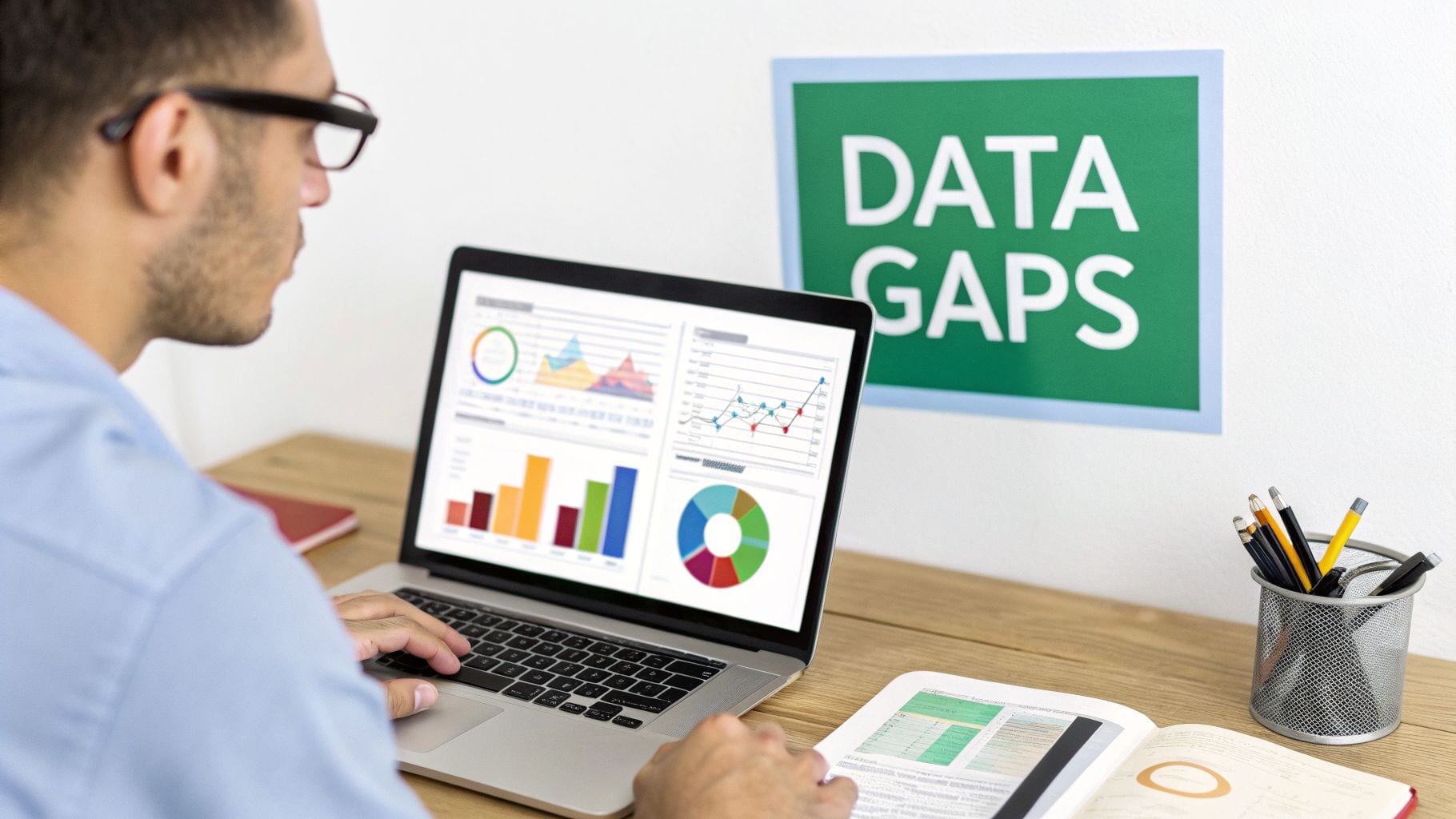 Man analyzing data visualizations on a laptop with a 'DATA GAPS' sign on the wall.