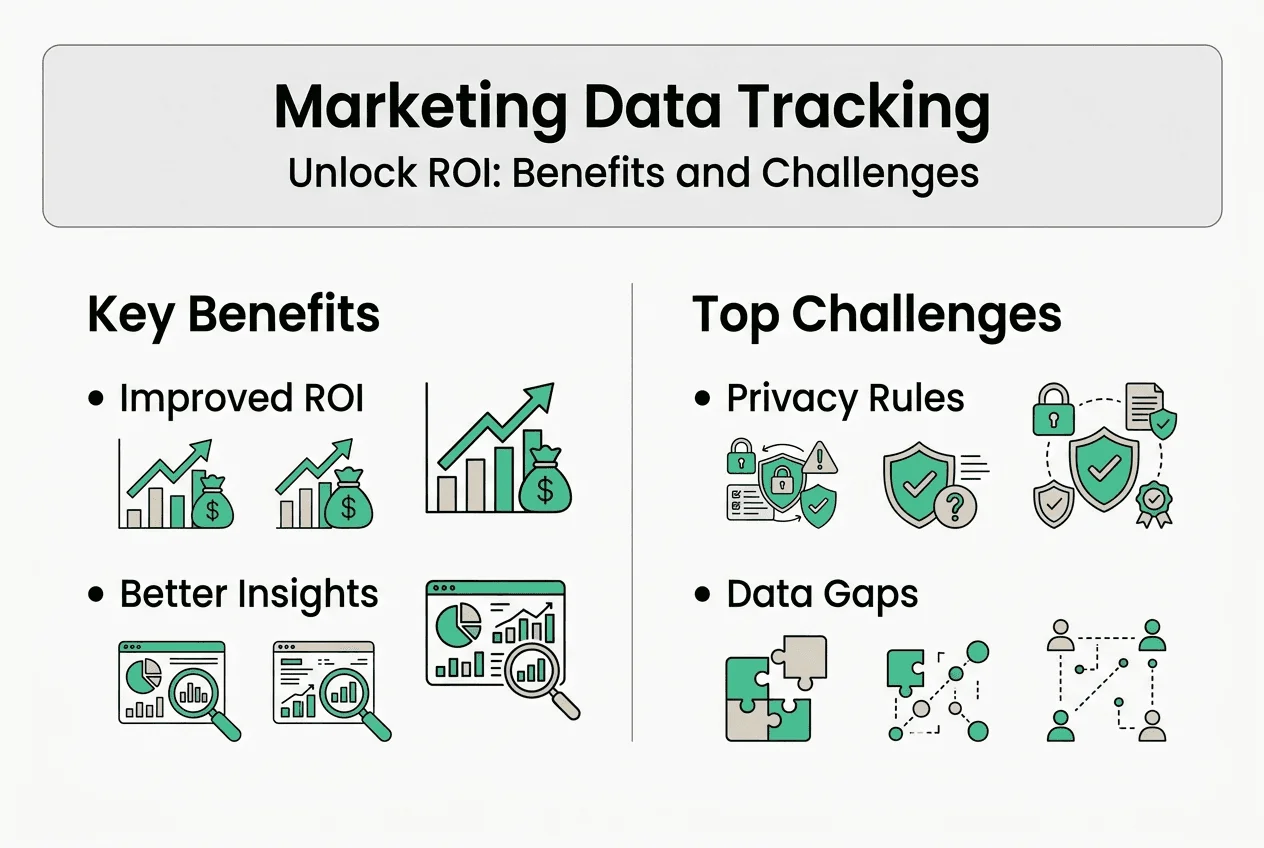 Infographic with marketing tracking benefits and challenges