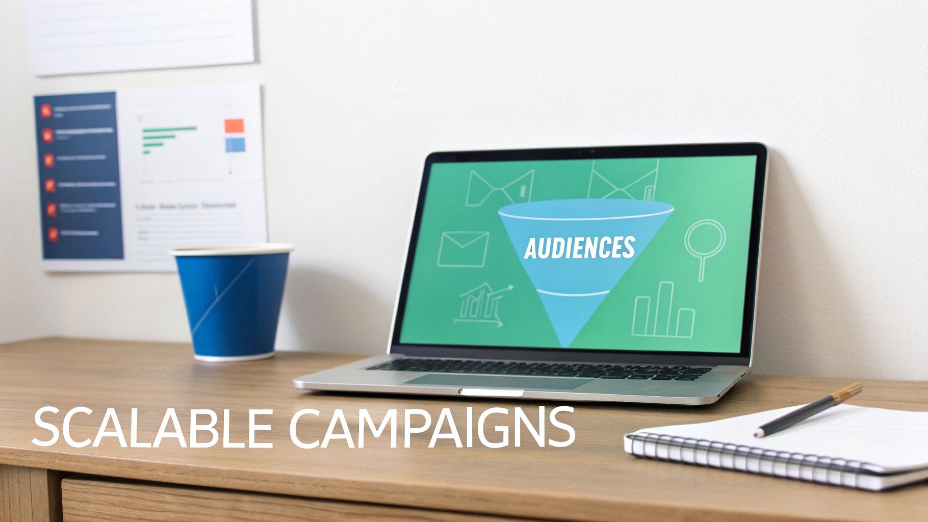 A laptop screen shows a marketing funnel with 'AUDIENCES', on a desk with a cup and notebook, promoting 'SCALABLE CAMPAIGNS'.