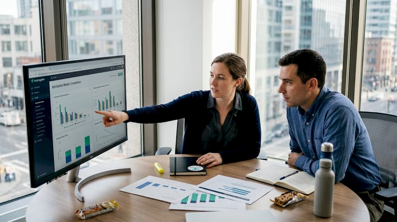 Team discussing attribution results at meeting table