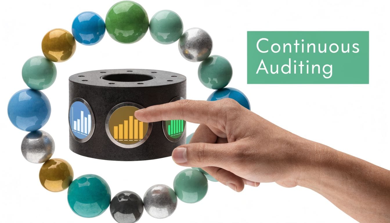 A hand touching a data visualization icon on a black cylindrical device surrounded by colorful spheres.