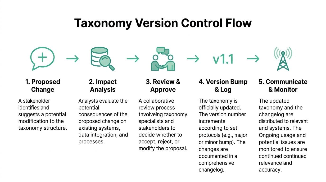 A diagram illustrating the five-step process for managing taxonomy version control, from proposal to monitoring.